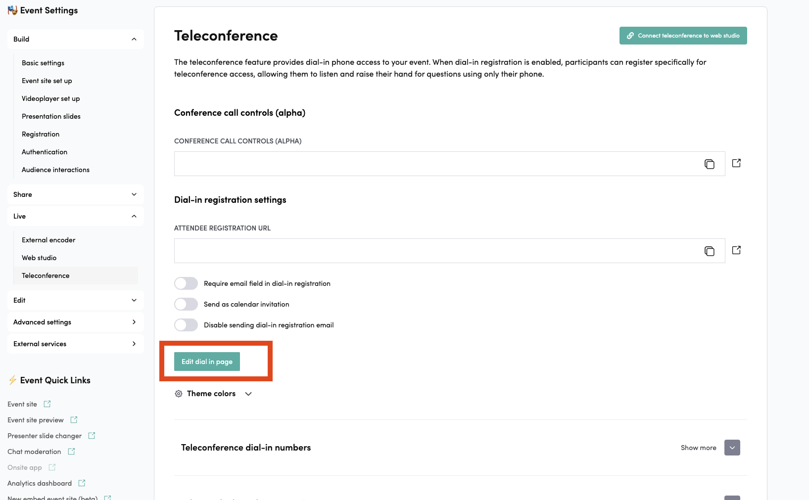 Edit Dial-in Page button in Teleconference settings