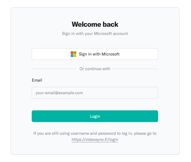 Videosync sign-in page